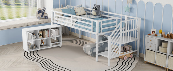 English Elm Twin Metal Loft Bed with Stairs and Six Storage Cubbies, Sturdy Metal Slat Support, Safe Low Design for Kids White 75.2 L x 17.72 W x 9.45 H W2593P305721