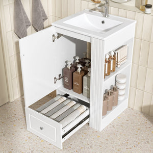 English Elm 20" Freestanding Bathroom Vanity Mdf Cabinet Ceramic Sink Open Shelves Powder Room White N725P364210K