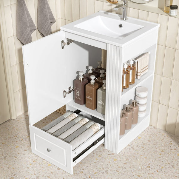English Elm 20" Freestanding Bathroom Vanity Mdf Cabinet Ceramic Sink Open Shelves Powder Room White N725P364210K