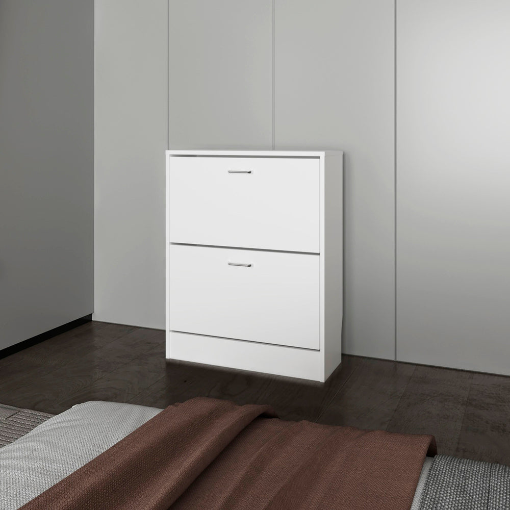 English Elm White Slim Shoe Cabinet with 2 Tilt-Out Doors — Space-Saving White Storage Rack for Narrow Entryways and Modern Décor B062P380071