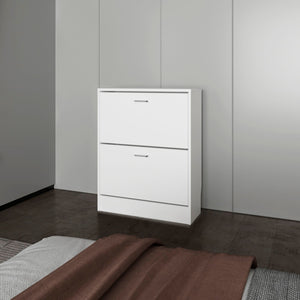 English Elm White Slim Shoe Cabinet with 2 Tilt-Out Doors — Space-Saving White Storage Rack for Narrow Entryways and Modern Décor B062P380071
