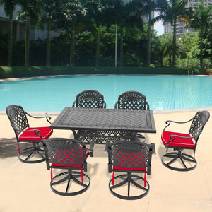 English Elm 7-Piece All-Weather Cast Aluminum Dining Set With Swivel Chairs, Cushions & Stylish Black Frame W1710S00322