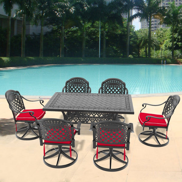 English Elm 7-Piece All-Weather Cast Aluminum Dining Set With Swivel Chairs, Cushions & Stylish Black Frame W1710S00322