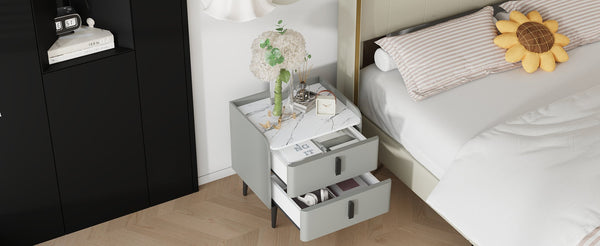 English Elm Nightstand with Marble-Pattern Top and Raised Guard, 2 Drawers for Organized Stylish Bedroom Decor Gray 23.4 L x 18.5 W x 9.06 H N733P332142E