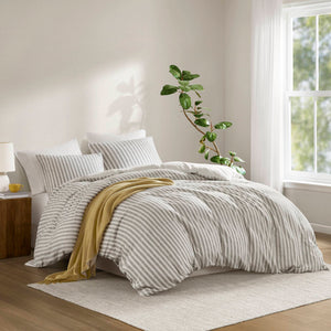 JLA Home Madison Park - 3PCS Linen-Cotton-Rayon Duvet Set with OEKO-TEX Comfort, Button Closure & Corner Ties, Breathable Stripes Grey MP12-8713
