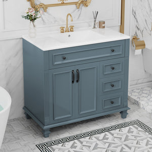 English Elm 36" Modern Bathroom Vanity with Ceramic Sink, Gold Handles, Flip-Out Drawer & Soft-Close Doors Blue Gray N725P283623C