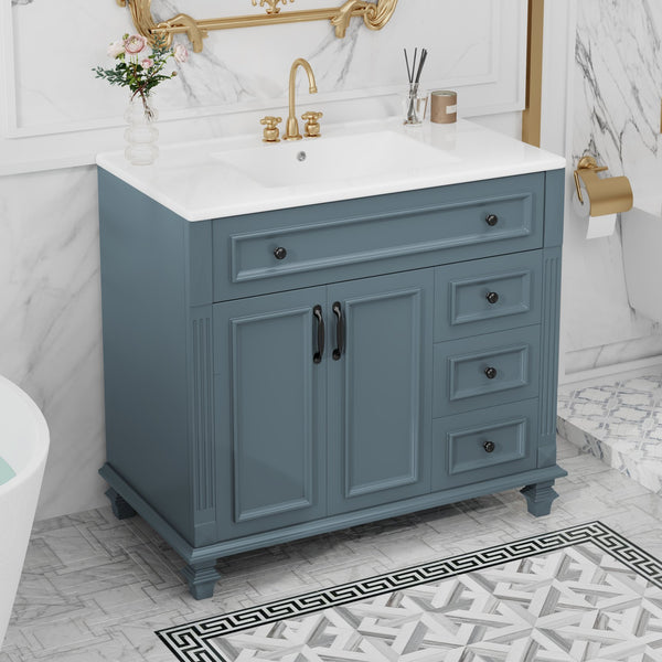 English Elm 36" Modern Bathroom Vanity with Ceramic Sink, Gold Handles, Flip-Out Drawer & Soft-Close Doors Blue Gray N725P283623C