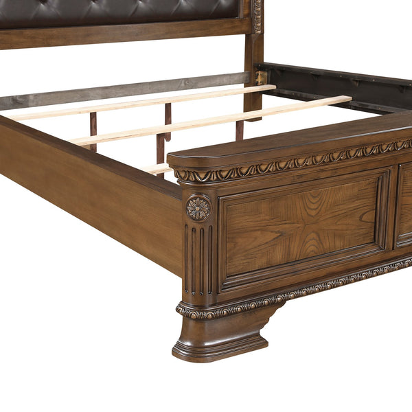 English Elm Formal King Bed With Upholstered Headboard - Dark Brown Sleigh Design, Intricate Carvings, Luxurious Comfort B011S02040