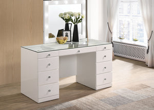 English Elm 2pc Vanity Set with LED Lighted Mirror Glass Top, 5 Drawers with Crystal Knobs and Stool White 59.96 L x 25.87 W x 2 H B2741S00145