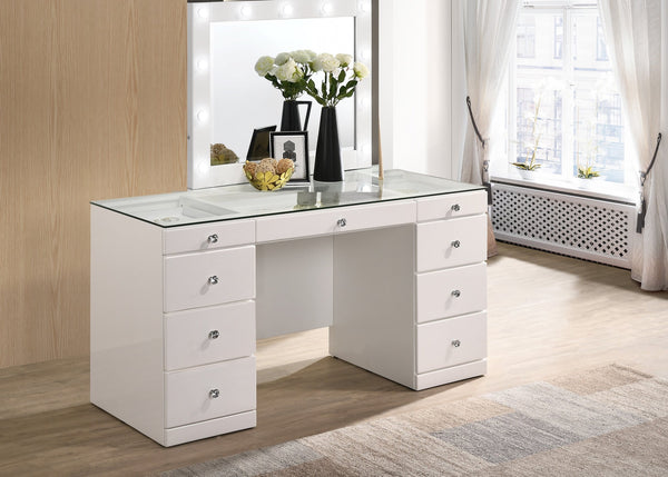 English Elm 2pc Vanity Set with LED Lighted Mirror Glass Top, 5 Drawers with Crystal Knobs and Stool White 59.96 L x 25.87 W x 2 H B2741S00145