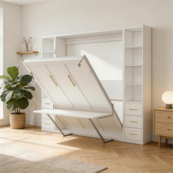 English Elm Desk Murphy Wall Bed Queen with Side Storage Cabinets for Home Office Study W5290S00006