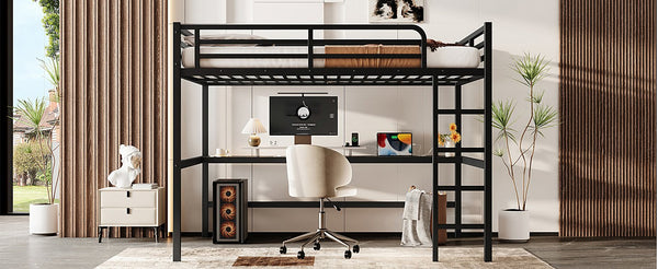 English Elm Metal Queen Size Loft Bed With Integrated Desk, Led Lighting, Power Outlet & Space-Saving Design W1580S00182