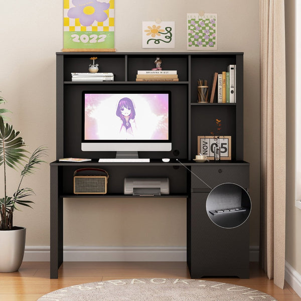 English Elm Computer Desk with Hutch Bookshelf Drawers and Built-in Power Strip for Home Office W1321S00043