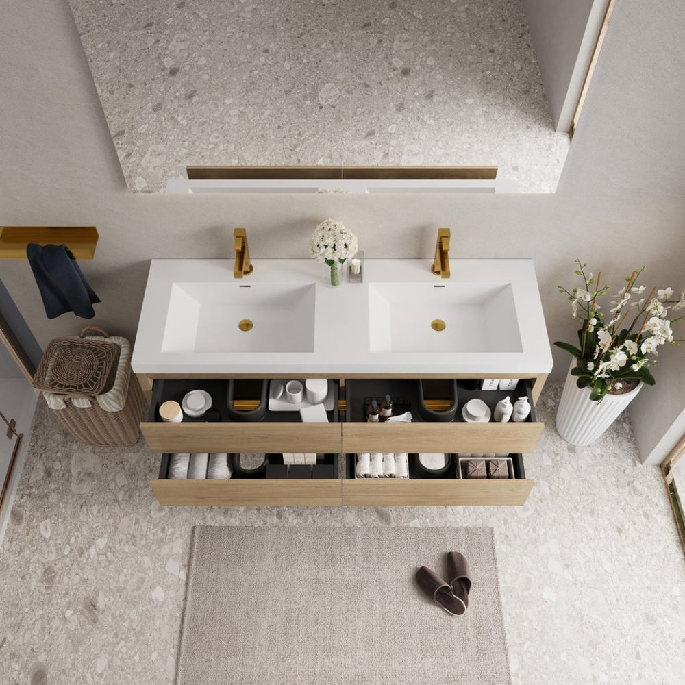 English Elm 60" Floating Bathroom Vanity Stone Resin Double Sink Soft Close Cabinet Spa Modern Oak Natural Wood + Antique White W1573P211187
