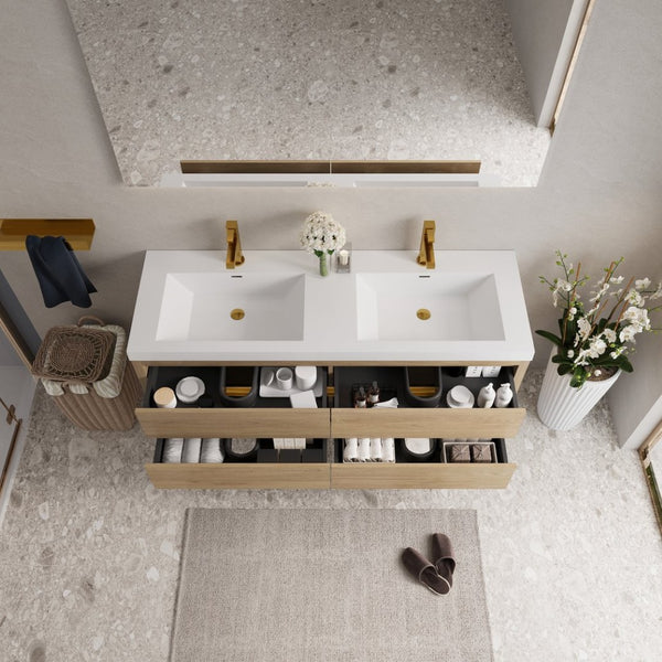 English Elm 60" Floating Bathroom Vanity Stone Resin Double Sink Soft Close Cabinet Spa Modern Oak Natural Wood + Antique White W1573P211187