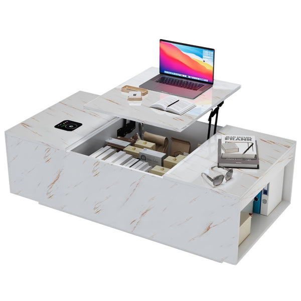English Elm Coffee Table with Led Lighting Bluetooth Speaker Wireless Charging and Faux Marble Top T3773P415729