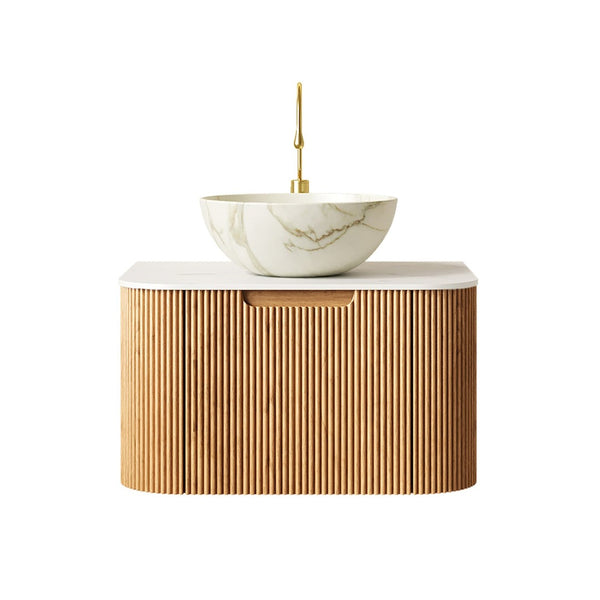 English Elm Dina Floating Bathroom Vanity with Sintered Stone Top and Crystal Glass Basin Carrara White,Natural Wood,Stone White W2615S00692