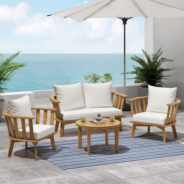 English Elm Christopher Knight Home® - 4-Pieces Acacia Wood Patio Furniture Set - Stylish Outdoor Seating With Soft Cushions & Coffee Table 64851.00WHI-2_70334.00WHI_70335.00