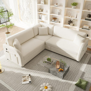 English Elm 85.1" Teddy Plush L-shaped Sectional Sleeper Sofa with Usb Ports and Pull Out Bed Beige+White W1885S00319