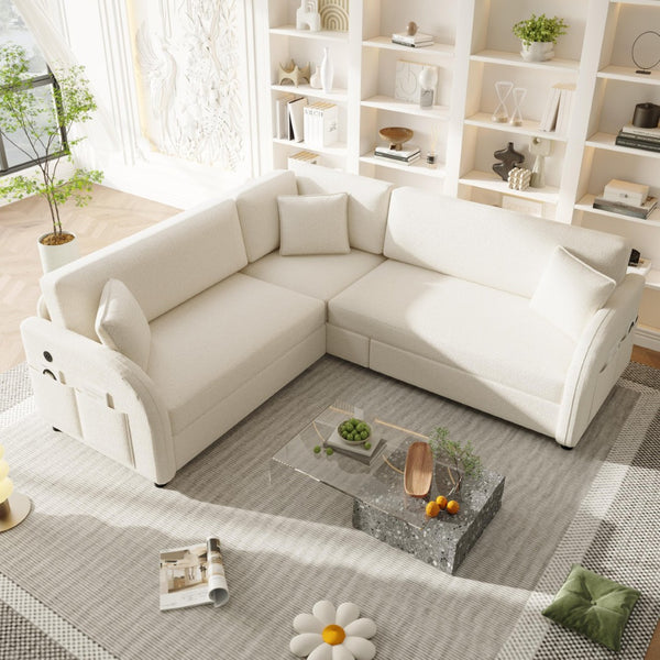 English Elm 85.1" Teddy Plush L-shaped Sectional Sleeper Sofa with Usb Ports and Pull Out Bed Beige+White W1885S00319