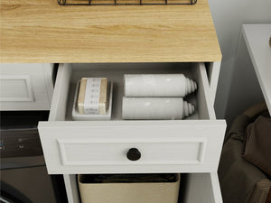 English Elm Over Washer Dryer Laundry Cabinet with Basket Drawer Adjustable Shelves Antique White W1120P338184