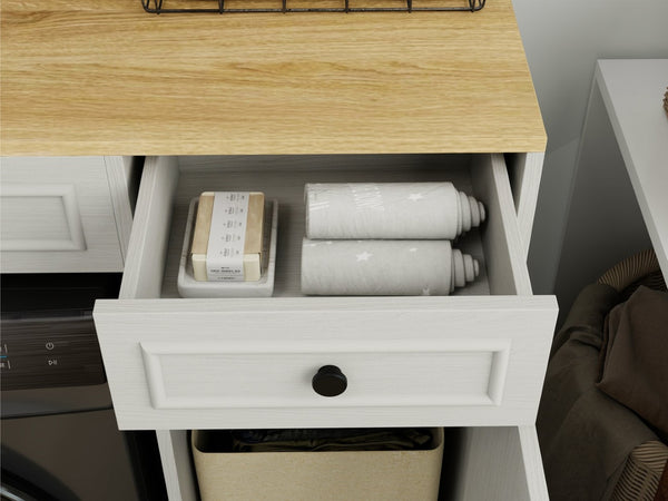 English Elm Over Washer Dryer Laundry Cabinet with Basket Drawer Adjustable Shelves Antique White W1120P338184