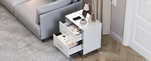 English Elm High Gloss Mirrored 2 Drawer Nightstand Slim Metal Legs Modern Bedroom Side Table White W5271P416521
