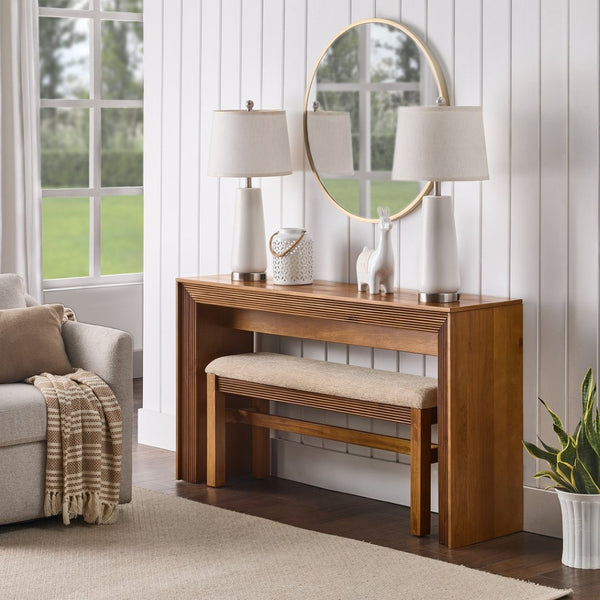English Elm Fluted Counter Height Dining Set Narrow Bar Console with Upholstered Stool Retro Wood Brown W1202P330888