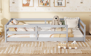 English Elm Twin Pine Montessori Floor Bed with Safety Fence — Grey Low-Profile Kids Twin Frame, 77"x38.9" Interior W1820P369890