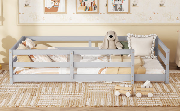 English Elm Twin Pine Montessori Floor Bed with Safety Fence — Grey Low-Profile Kids Twin Frame, 77"x38.9" Interior W1820P369890