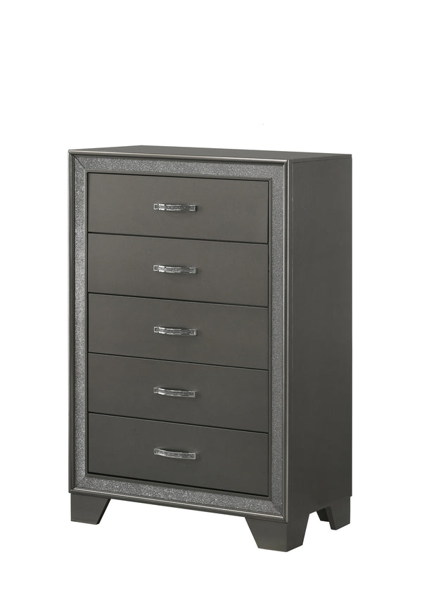 English Elm Contemporary Sparkling Accent Five-Drawer Chest with Sleek Dark Brown Finish, Stylish Bedroom Storage Dark Gray 34.13 L x 19.57 W x 47.28 H B2741P345253