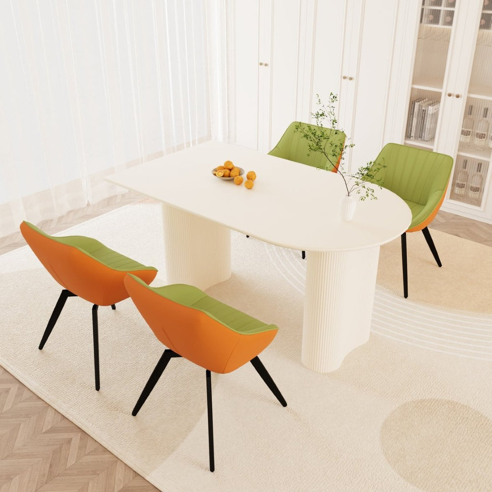 English Elm 63" Cream Mdf Dining Table Set with Carved Wave Legs and Beige Pu Upholstered Chairs White+Green W2189S00851
