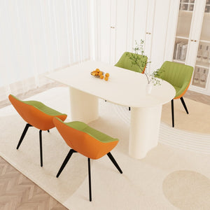 English Elm 63" Cream Mdf Dining Table Set with Carved Wave Legs and Beige Pu Upholstered Chairs White+Green W2189S00851