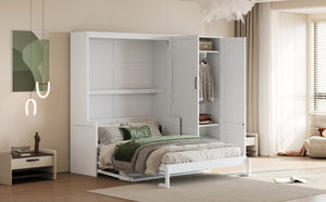 English Elm Queen Murphy Bed with Wardrobe Cabinet Hydraulic Lift Mdf Space Saving Wall Unit White LP000581AAK