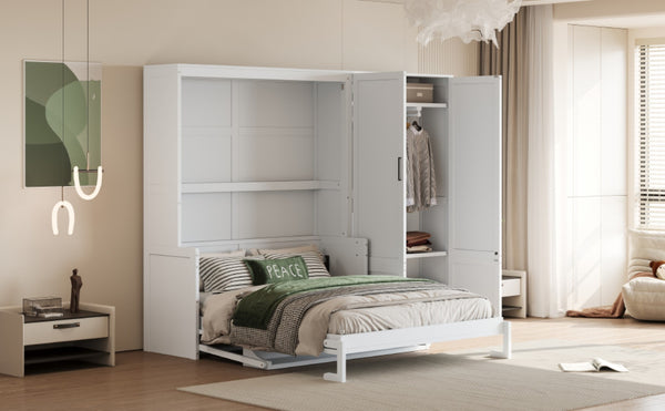 English Elm Queen Murphy Bed with Wardrobe Cabinet Hydraulic Lift Mdf Space Saving Wall Unit White LP000581AAK