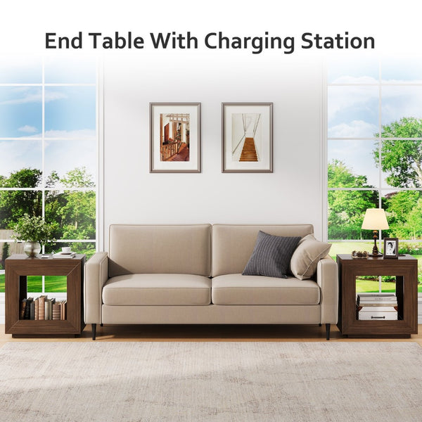 English Elm Rustic Wood End Table With Led Lighting & Integrated Power Hub - Stylish 2-Tier Storage Solution W1550P330032-GIGA