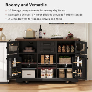 English Elm K&K 54.9" Farmhouse Kitchen Island Cart with Drop Leaf, Charging Station, Barn Doors & Glass Pane Black N707P300277B