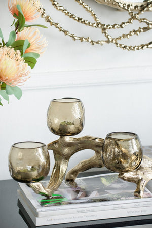 English Elm 15.7x9.1x7.9" Gold Aluminum Branch Votive Holder with Three Glass Cups for Glam Decor W2078P490404