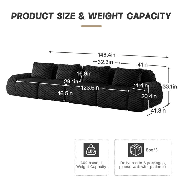 English Elm 146" Modular Sectional Sofa Flannelette 4 Seater Deep Seat Minimalist Living Room W714S01535