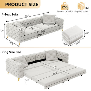 English Elm 97.6" Oversized Velvet Chesterfield Sleeper Sofa Floral Tufted Roll Arm Living Room Couch Light Grey W1885S00203