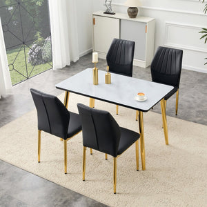 English Elm Table and Chair Set Marble Glass Top Gold Legs Modern 5 Piece Dining for Small Spaces Black,White+Gold W1151S04652