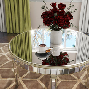 English Elm 47.24" Round Glass Dining Table with Mirror Top Silver Vintage Gold Geometric Frame Elegant Centerpiece W3207P285434