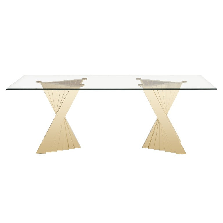 VIG Furniture Buquet Rectangular Dining Table With 15Mm Tempered Glass Top & Brushed Champagne Gold Double Pedestal Base VGZA-T124-GLD