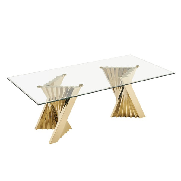 VIG Furniture Buquet Rectangular Dining Table With 15Mm Tempered Glass Top & Brushed Champagne Gold Double Pedestal Base VGZA-T124-GLD