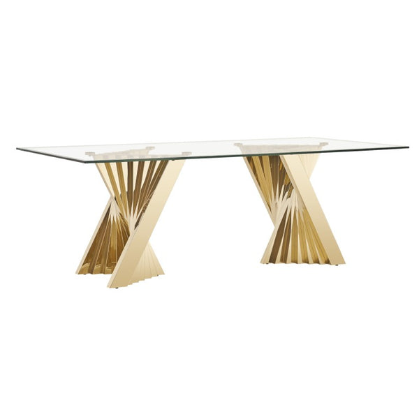 VIG Furniture Buquet Rectangular Dining Table With 15Mm Tempered Glass Top & Brushed Champagne Gold Double Pedestal Base VGZA-T124-GLD