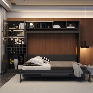 English Elm Queen Murphy Wall Bed Sofa with Open Shelving Usb Charging and Integrated Studio Lighting Gray LP100764AAE
