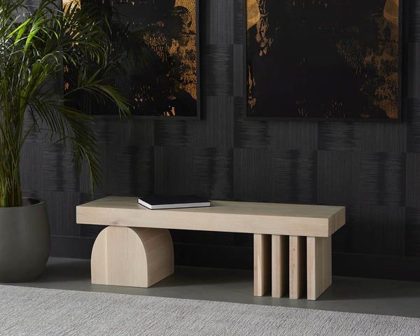 Sunpan Cadence Contemporary Bench - Solid Light Oak with Geometric Base, Unique Whitewash Finish, 59" Design