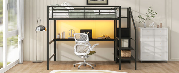 English Elm Full Size Metal Loft Bed With Desk, Storage Staircase, Wardrobe & Led Light - Space-Saving Design GX000620AAD