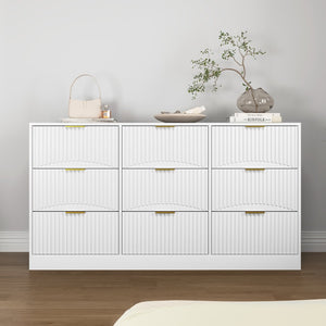 English Elm Black Nine Drawer Wide Dresser Matte Wood Chest with Wavy Relief Panels Bedroom Storage White W409P307539