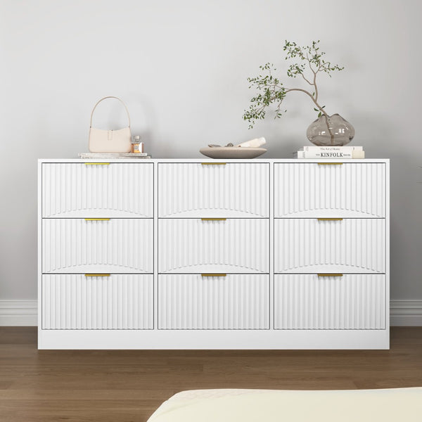 English Elm Black Nine Drawer Wide Dresser Matte Wood Chest with Wavy Relief Panels Bedroom Storage White W409P307539